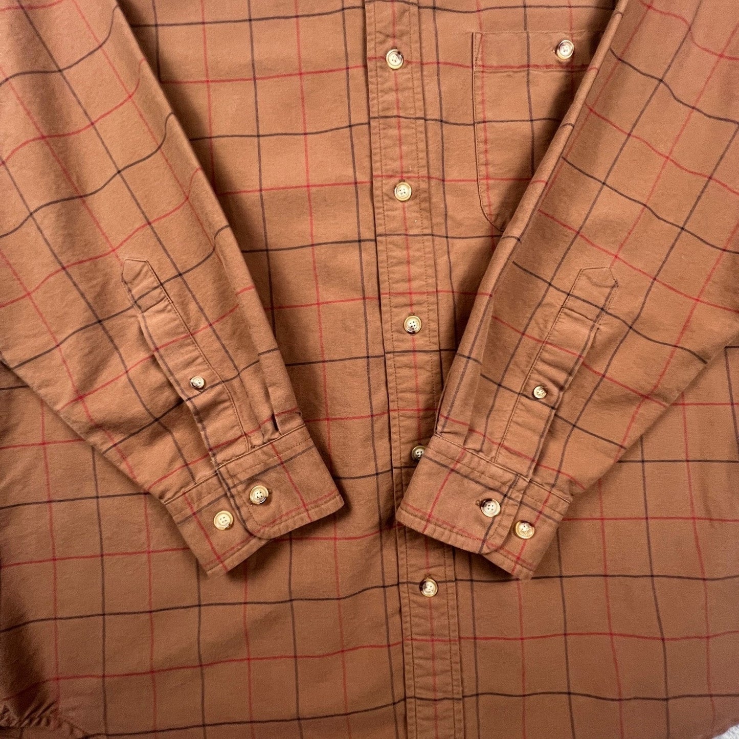 Orvis Button Down Shirt Mens L Brown Windowpane Plaid Cotton Outdoor Casual VTG