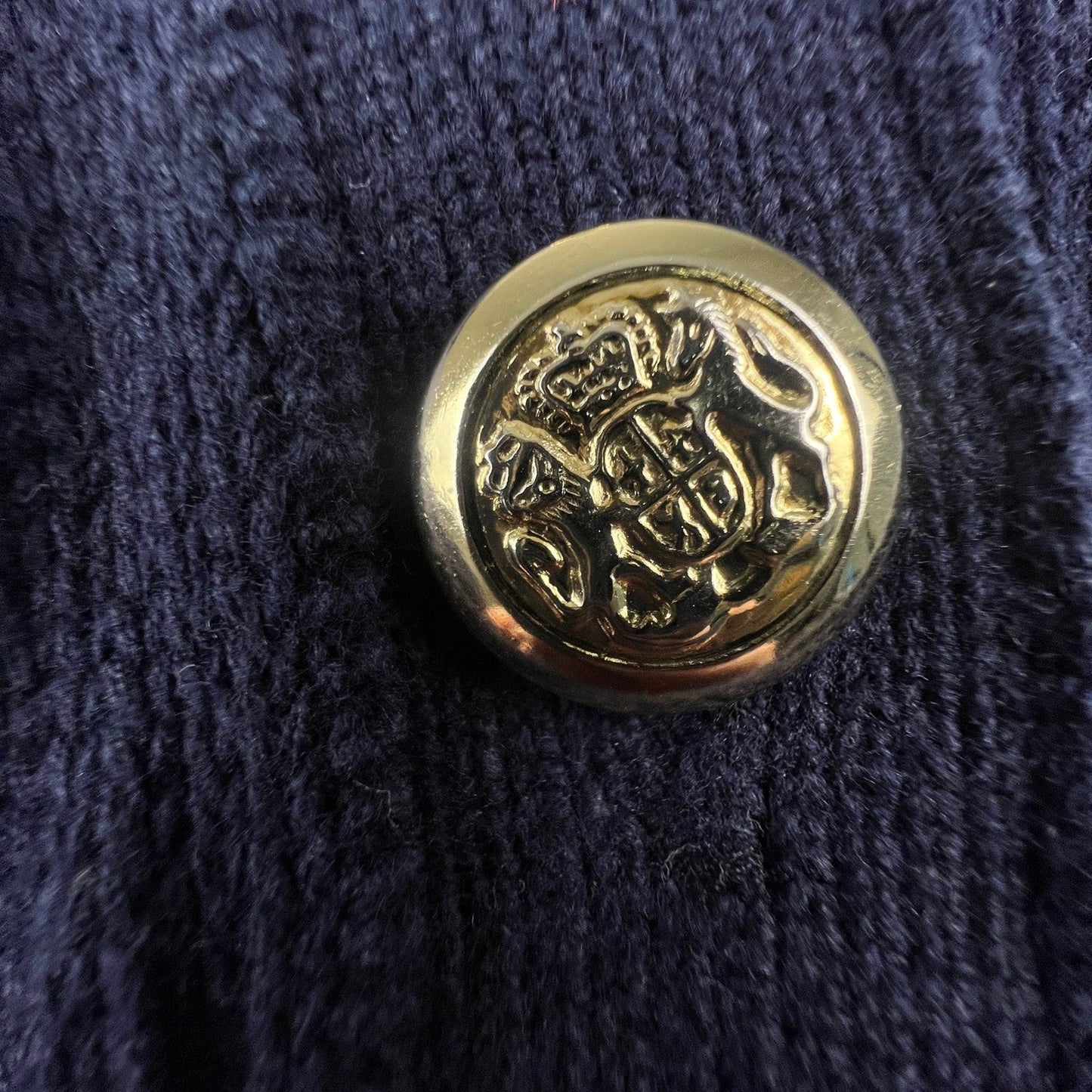 Talbots Cardigan Sweater Womens Medium Navy Blue Gold Crest Button Cotton Preppy