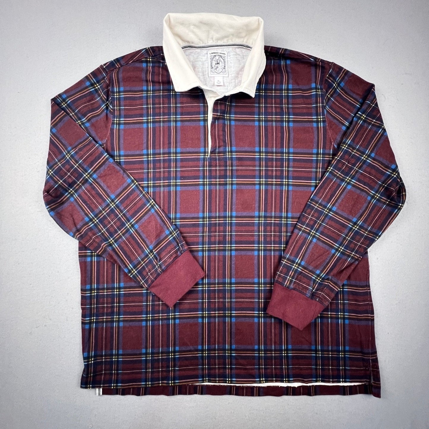 Lands' End Rugby Shirt Mens XL Burgundy Plaid Long Sleeve Cotton Preppy Classic