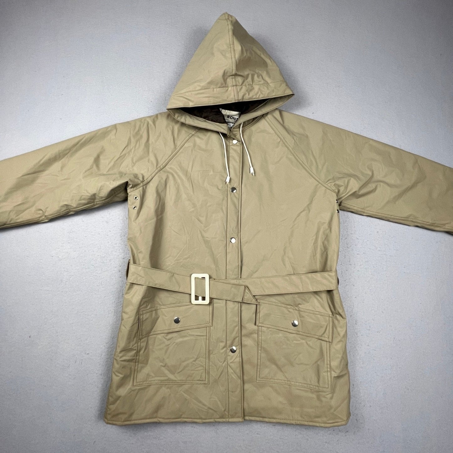 Ronte All Weather Jacket Mens Large Tan Quilt Lined Belted Hooded Rain Coat Vtg