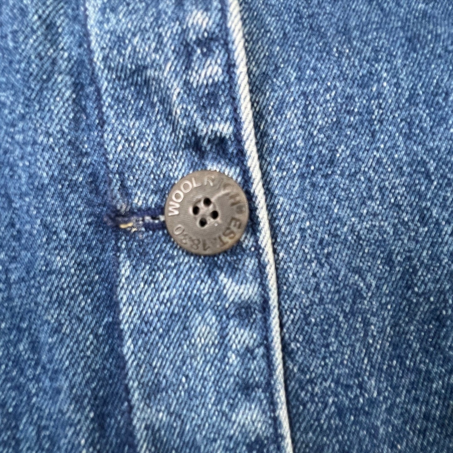 Woolrich Denim Barn Jacket Womens L Blue Leather Collar Fleece Lined Workwear