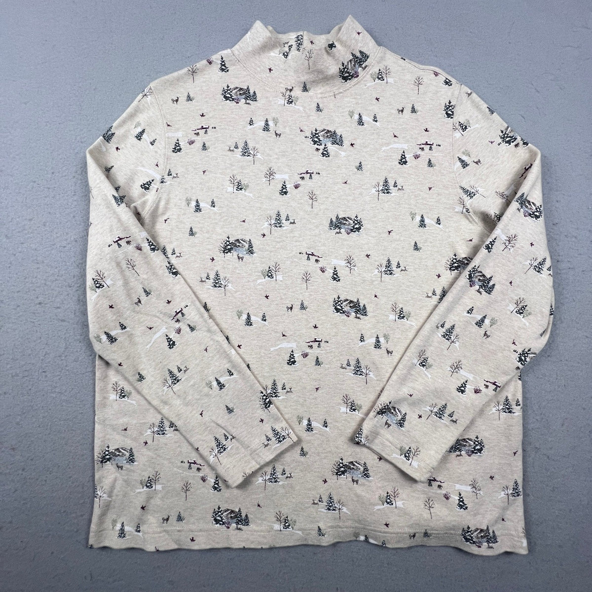 Winter Scene Pine Tree Cotton Shirt Mock Neck Top Womens XL Beige Croft & Barrow
