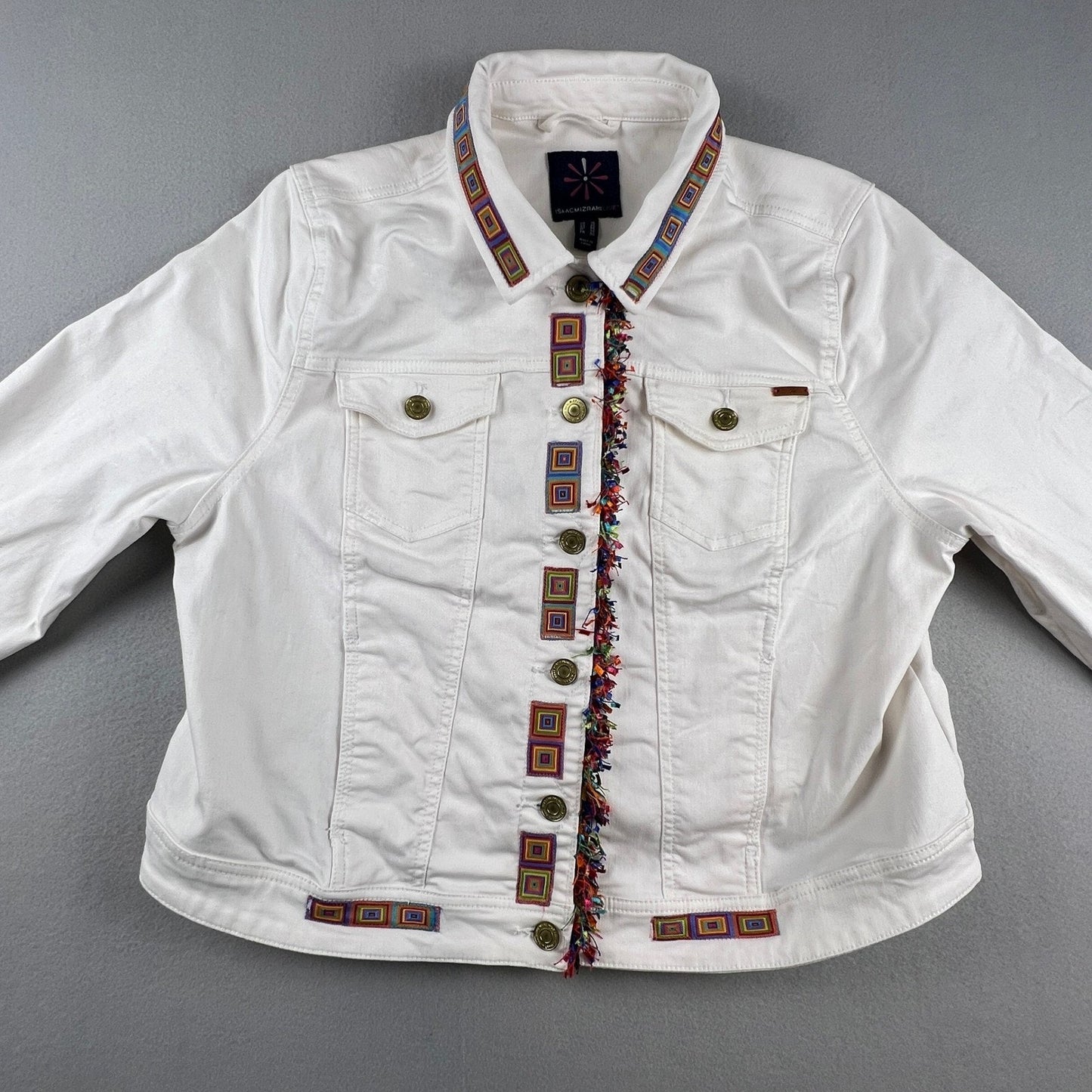 Isaac Mizrahi Live Denim Jacket Womens 16 White Embroidered Fringe Boho Festival
