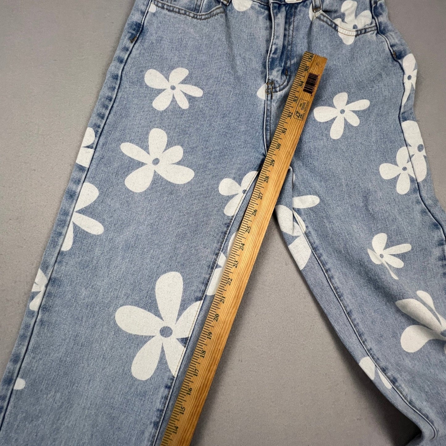 Straight Leg Retro Boho Daisy Print Jeans Womens 27 Light Blue Floral