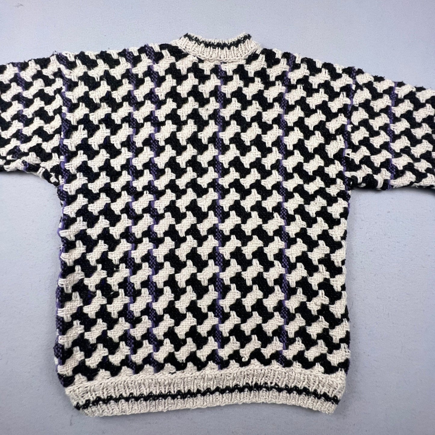 Vintage Houndstooth Hand Knit Sweater Mens XL Black White Pullover Chunky Warm