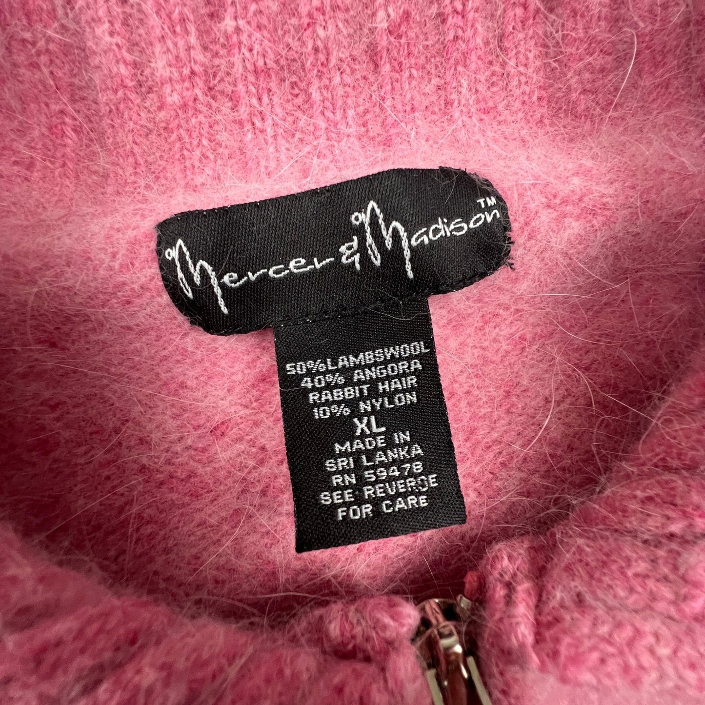 VTG Mercer & Madison Zip Sweater XL Pink Angora Wool Beaded Flower Coquette Y2K