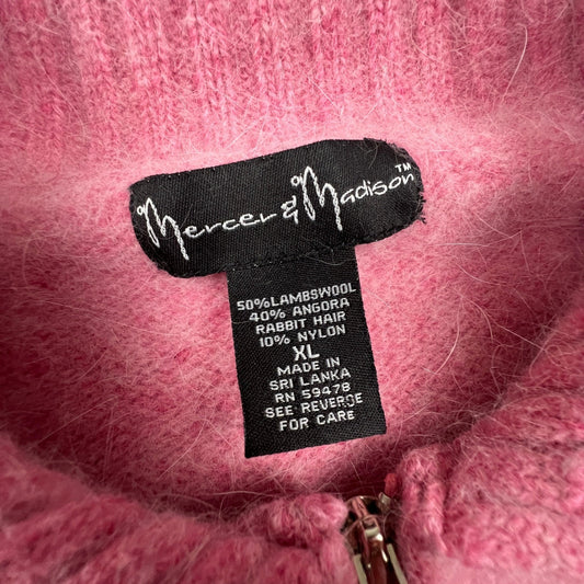 VTG Mercer & Madison Zip Sweater XL Pink Angora Wool Beaded Flower Coquette Y2K