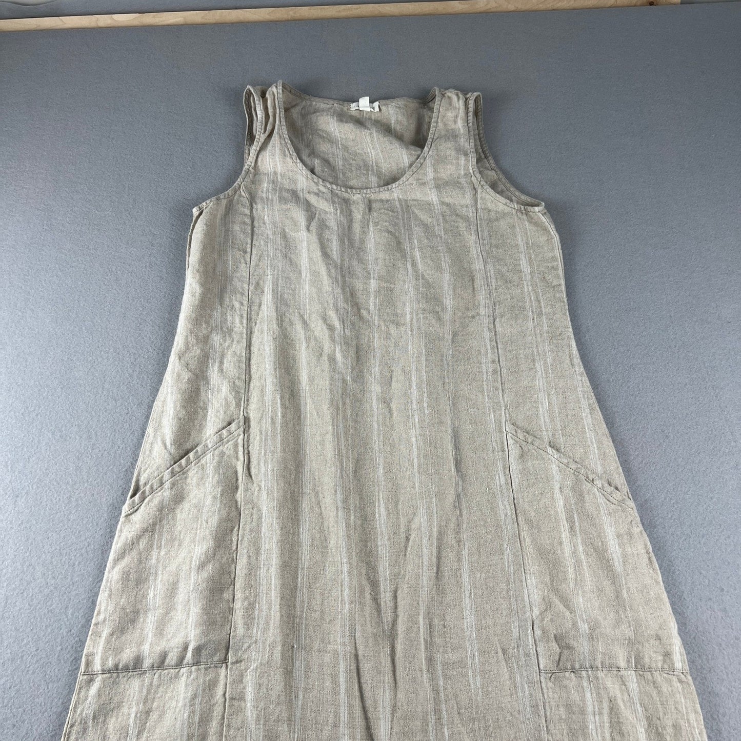 Garnet Hill Maxi Dress Womens 6 Beige Linen Striped Sleeveless Pockets Lagenlook