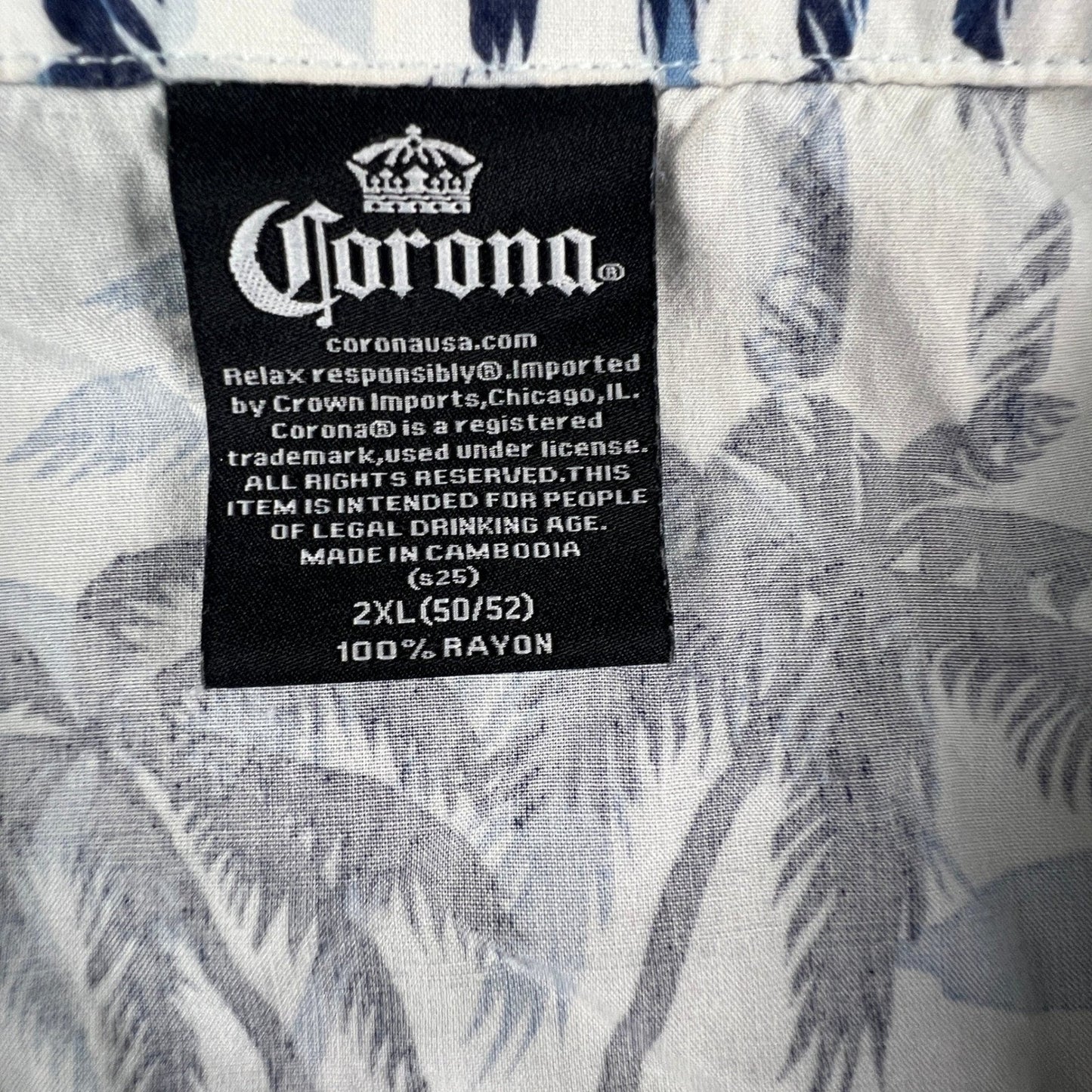 Corona Button Up Shirt Mens 2XL Blue Palm Tree Tropical Rayon Beach Hawaiian