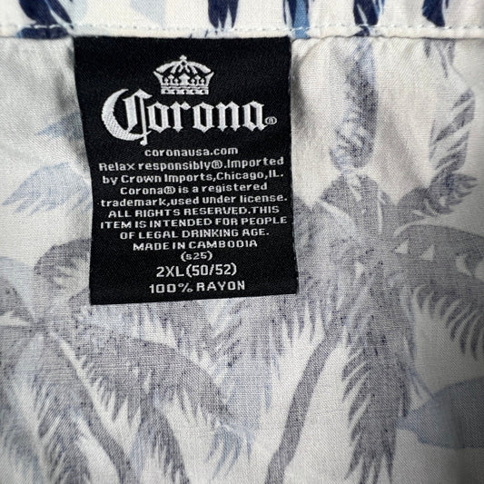 Corona Button Up Shirt Mens 2XL Blue Palm Tree Tropical Rayon Beach Hawaiian