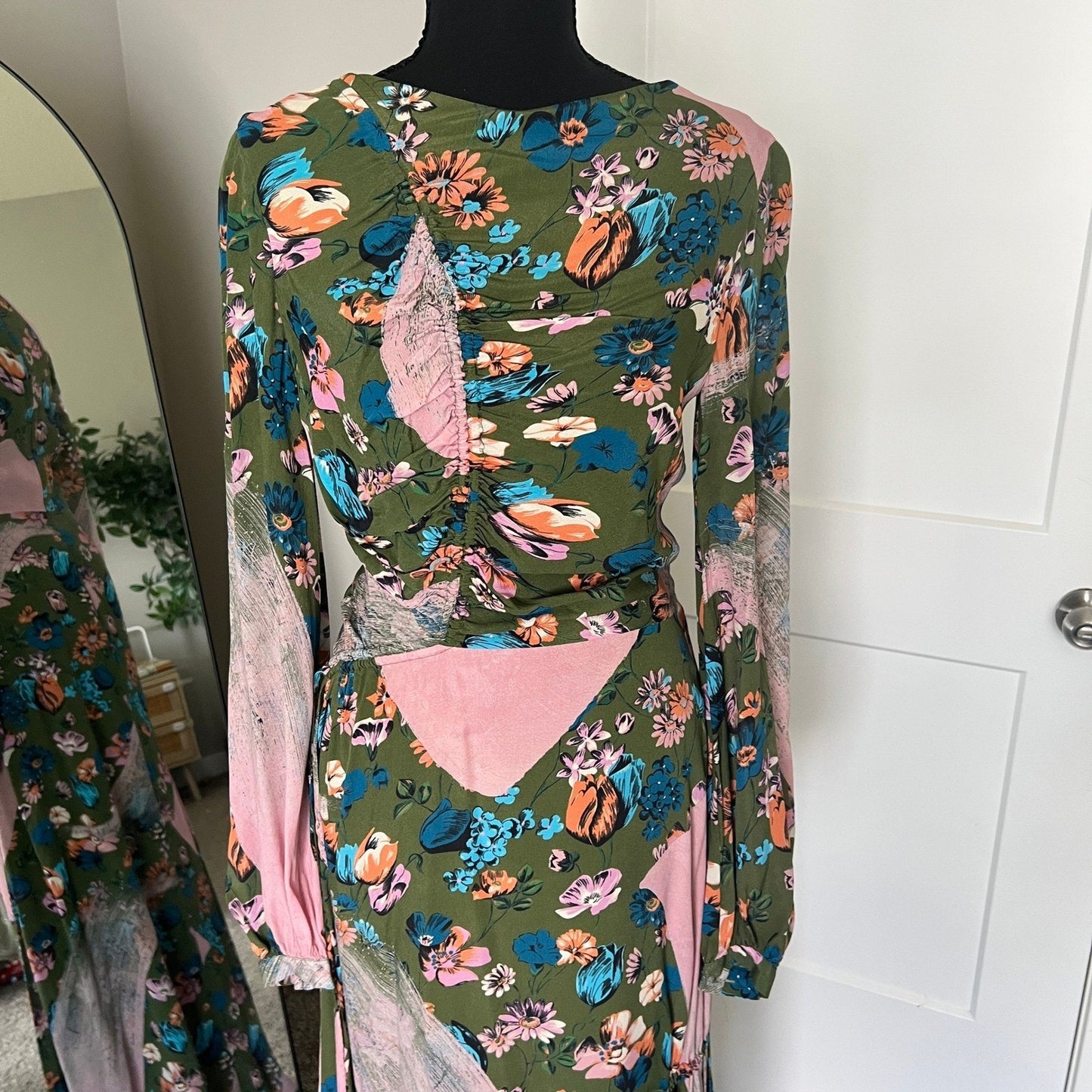 House of Holland Maxi Dress Womens 4 Green Floral Ruched Long Sleeve Boho Gown