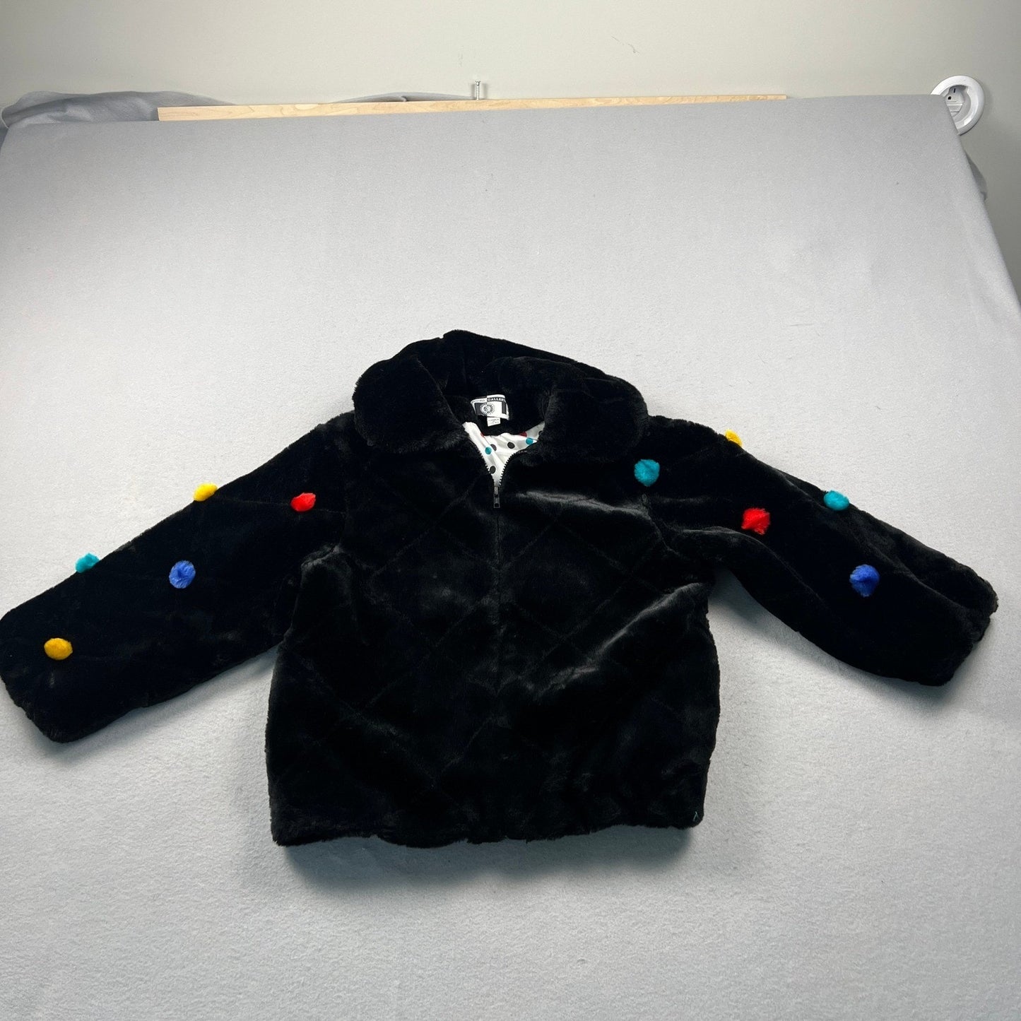 VTG 90s Young Gallery Faux Fur Jacket OS Black Pom Pom Polka Dot Lined Quilted