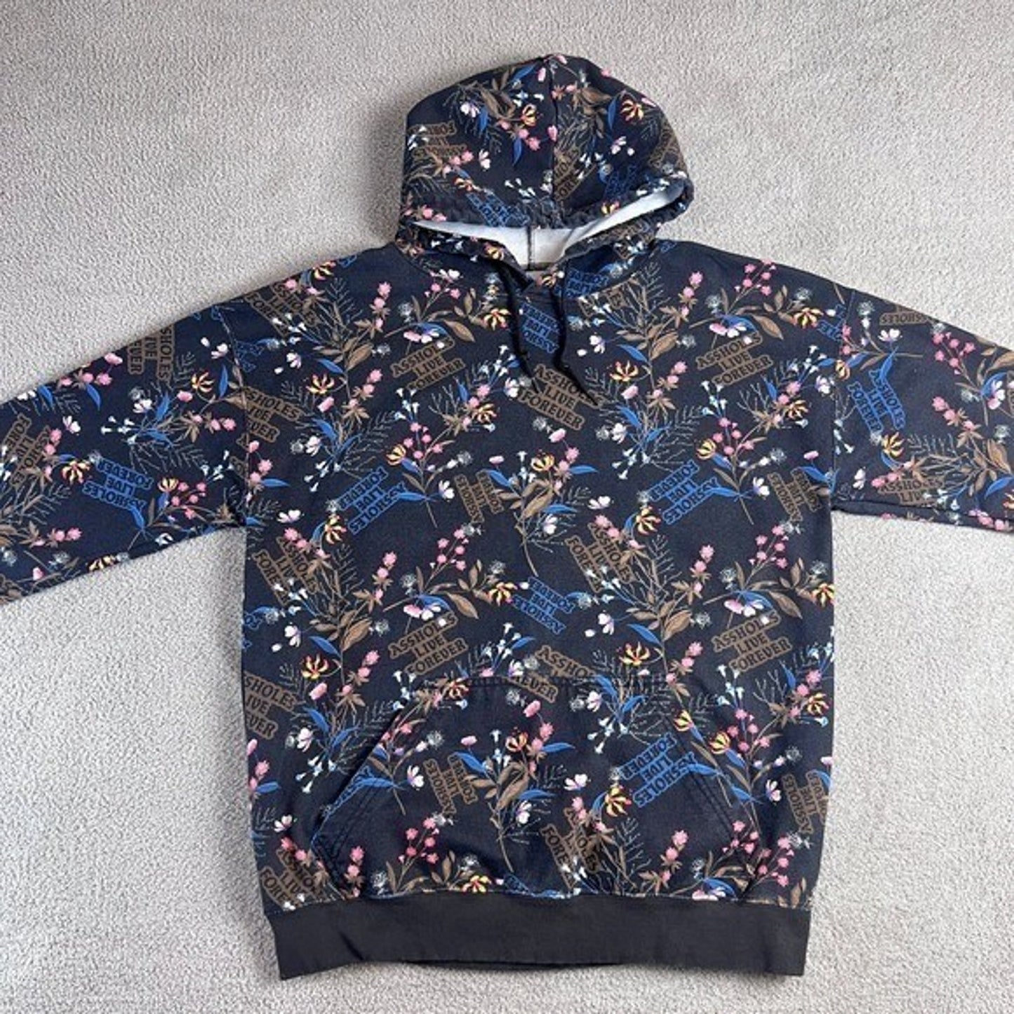As*holes*s Live Forever Hoodie Men Large All Over Print Text Sweatshirt Pocket