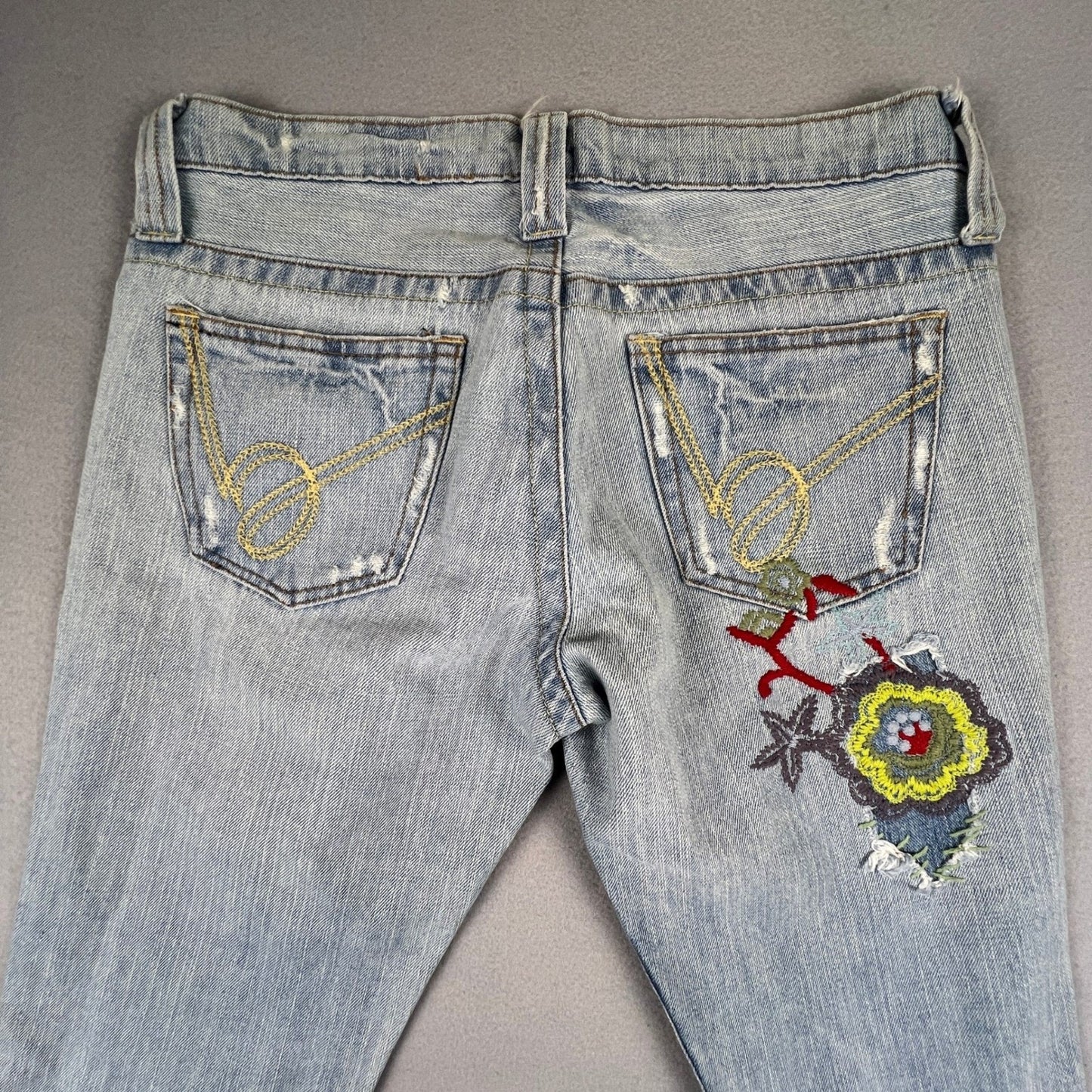 VTG Y2K Bebe Flare Jeans Womens 27 Embroidered Distressed Patchwork Boho