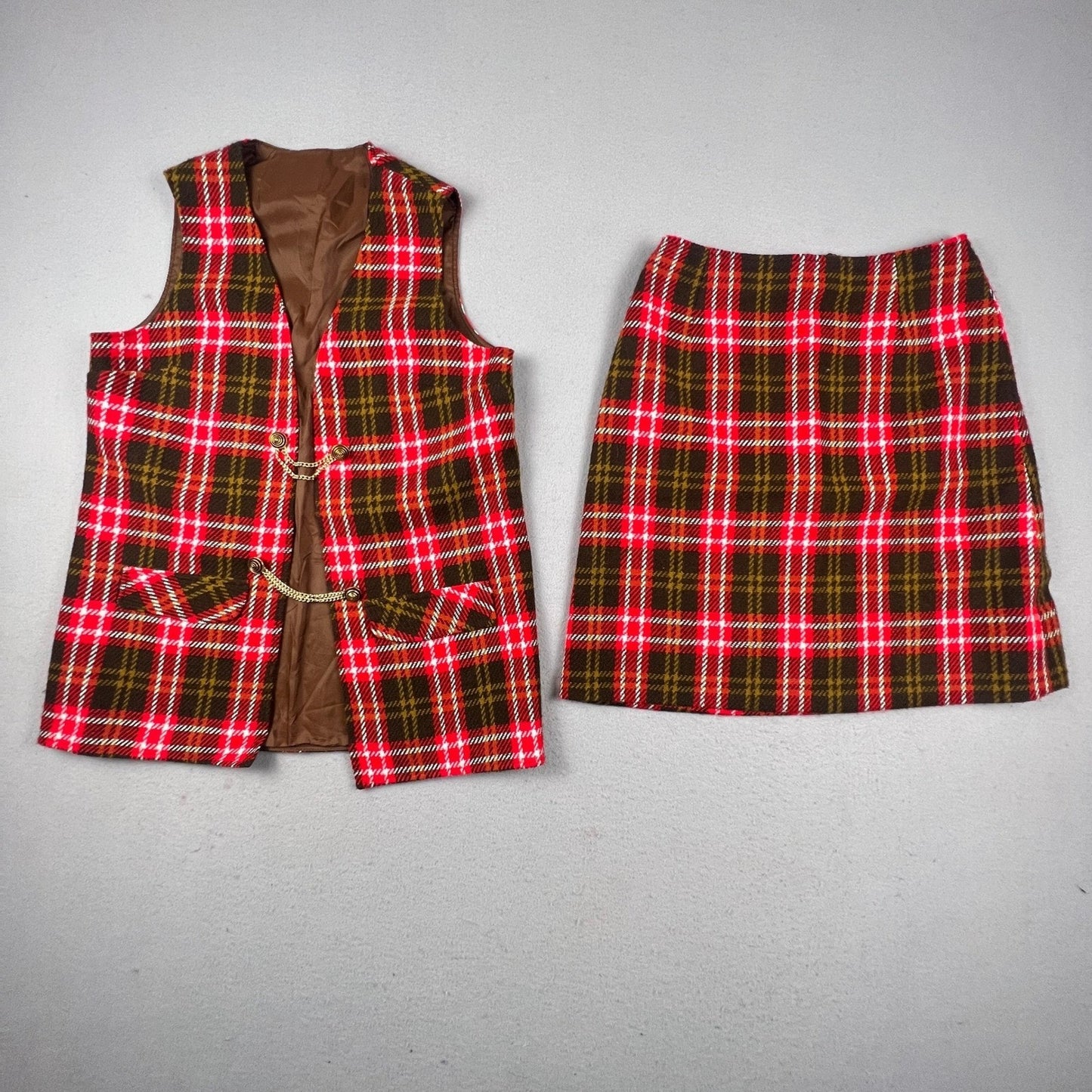 Vintage Plaid Skirt Set Womens Medium Red Brown Vest Mini Skirt Mod Academic