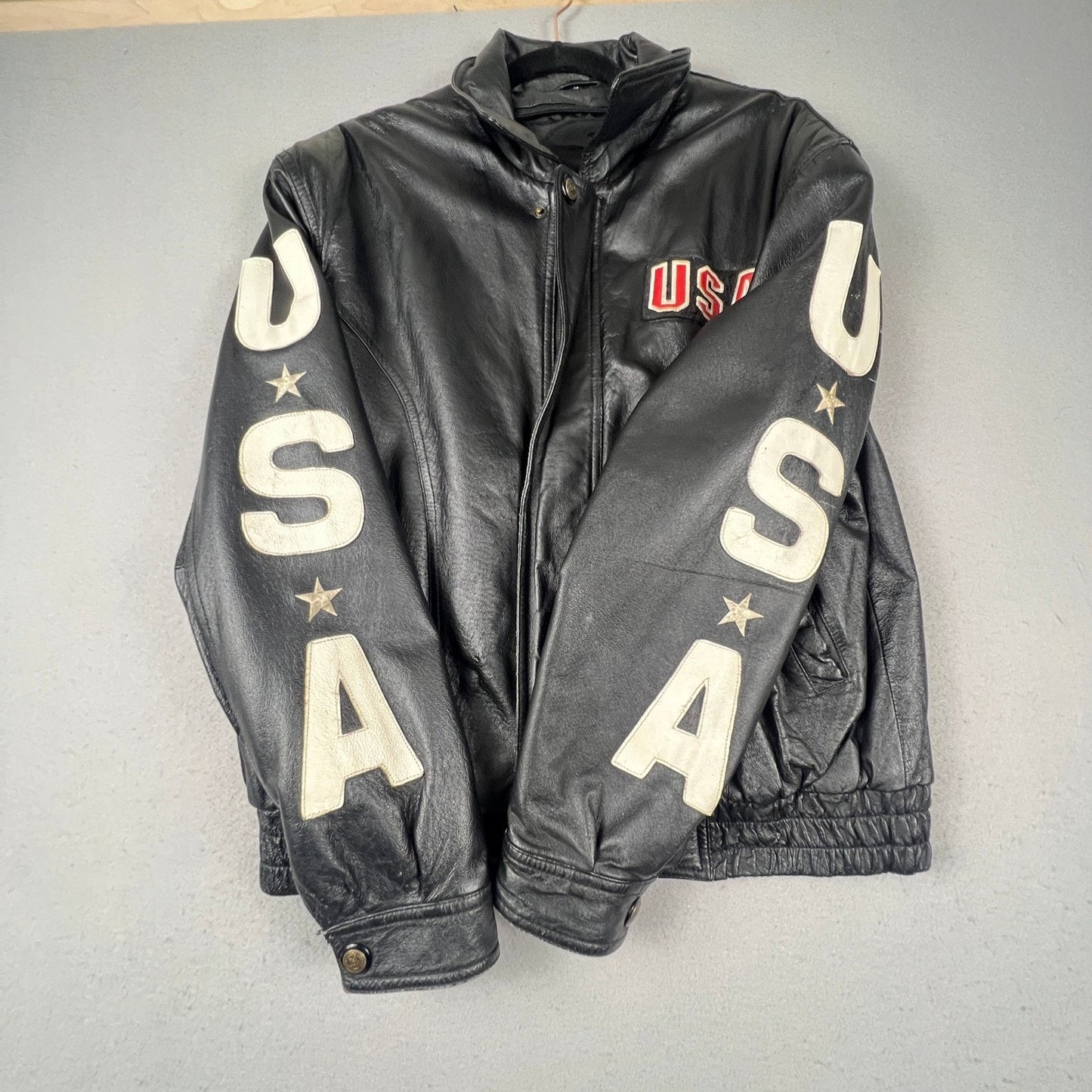 Leather Bomber Jacket Mens L Black USA Eagle Patriotic Biker Vintage Rocker