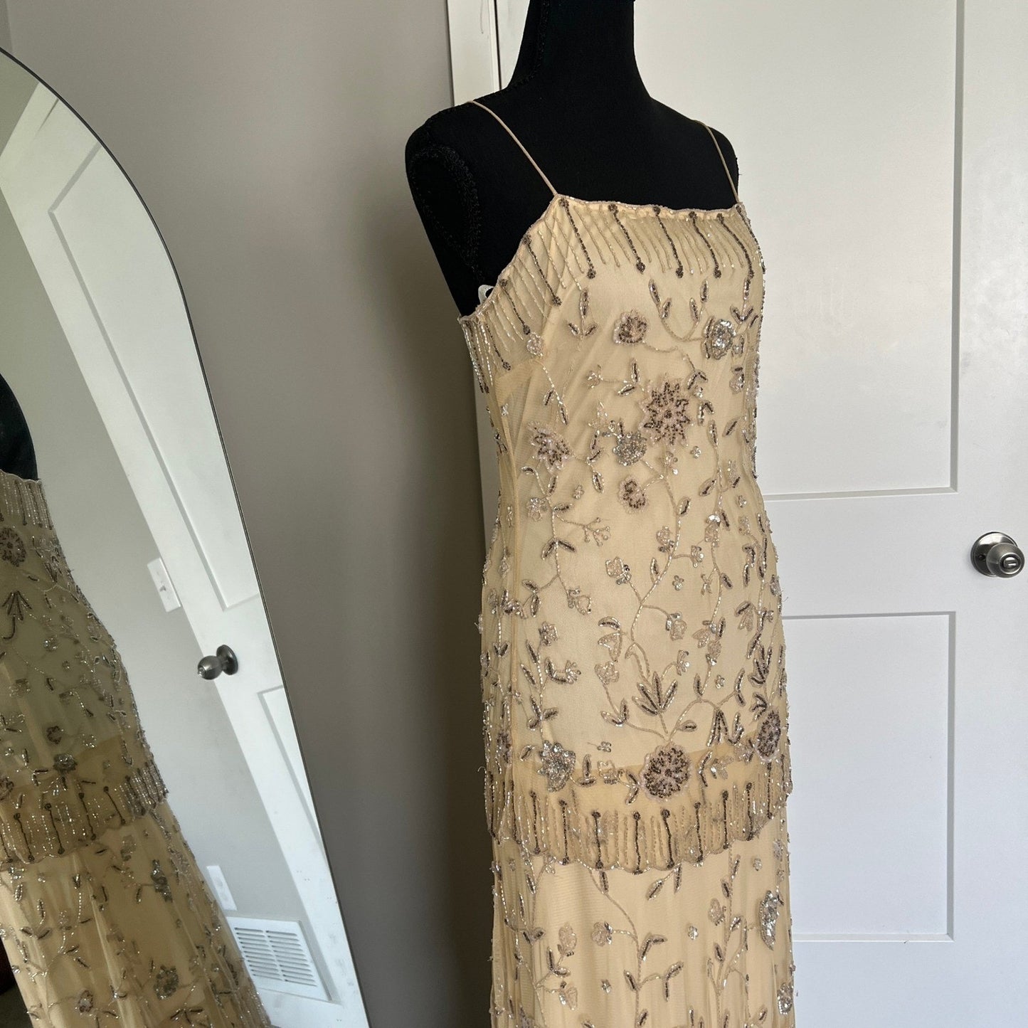 Vintage Style Beaded Dress Small Champagne Sequin Flapper Gown Bridal Wedding