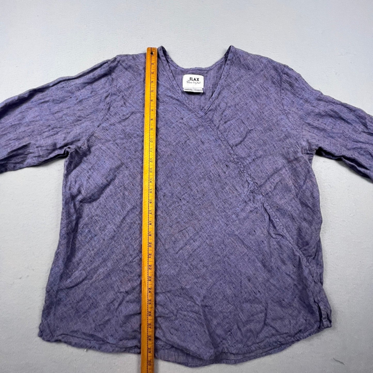 FLAX Linen Tunic Top Womens Large Purple Faux Wrap V-Neck Lagenlook Coastal Boho