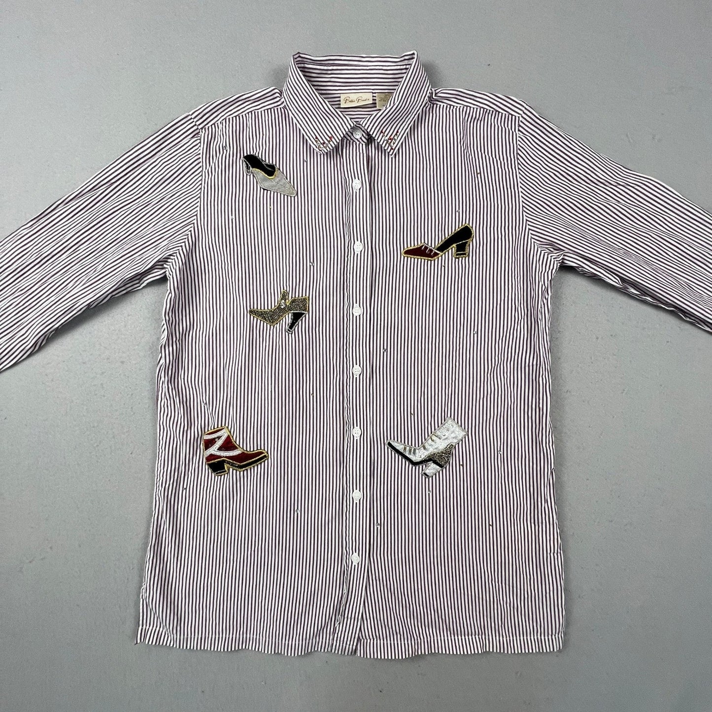 Bobbie Brooks Button Up Shirt Womens Small Purple Stripe Shoe Applique Blouse