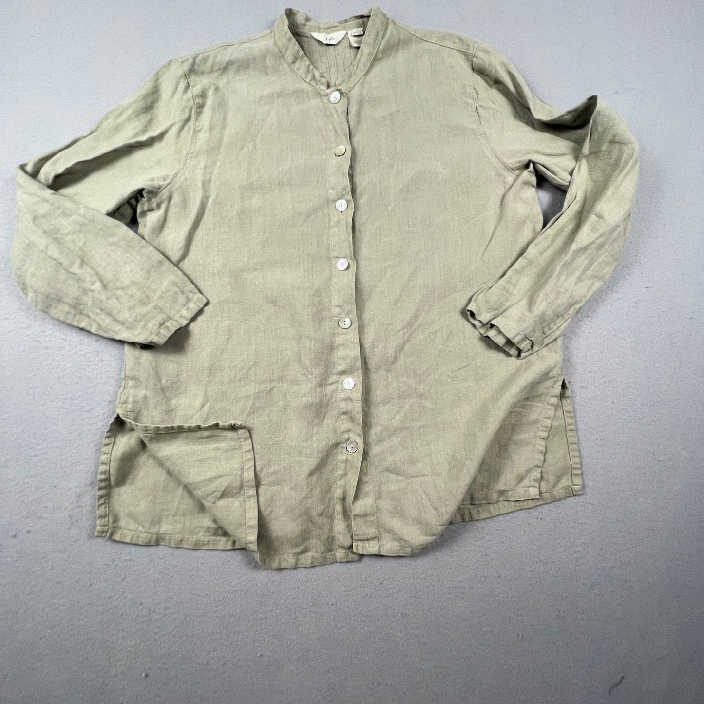 J. Jill Linen Button Down Tunic Womens MP Petite Green Pleated Back Coastal Boho