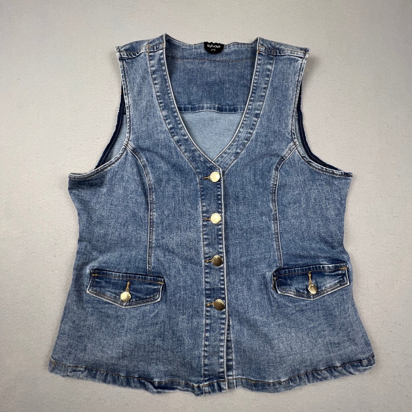 Bebe Denim Vest Womens XL Blue Button Front Gold Hardware Casual Y2K Style