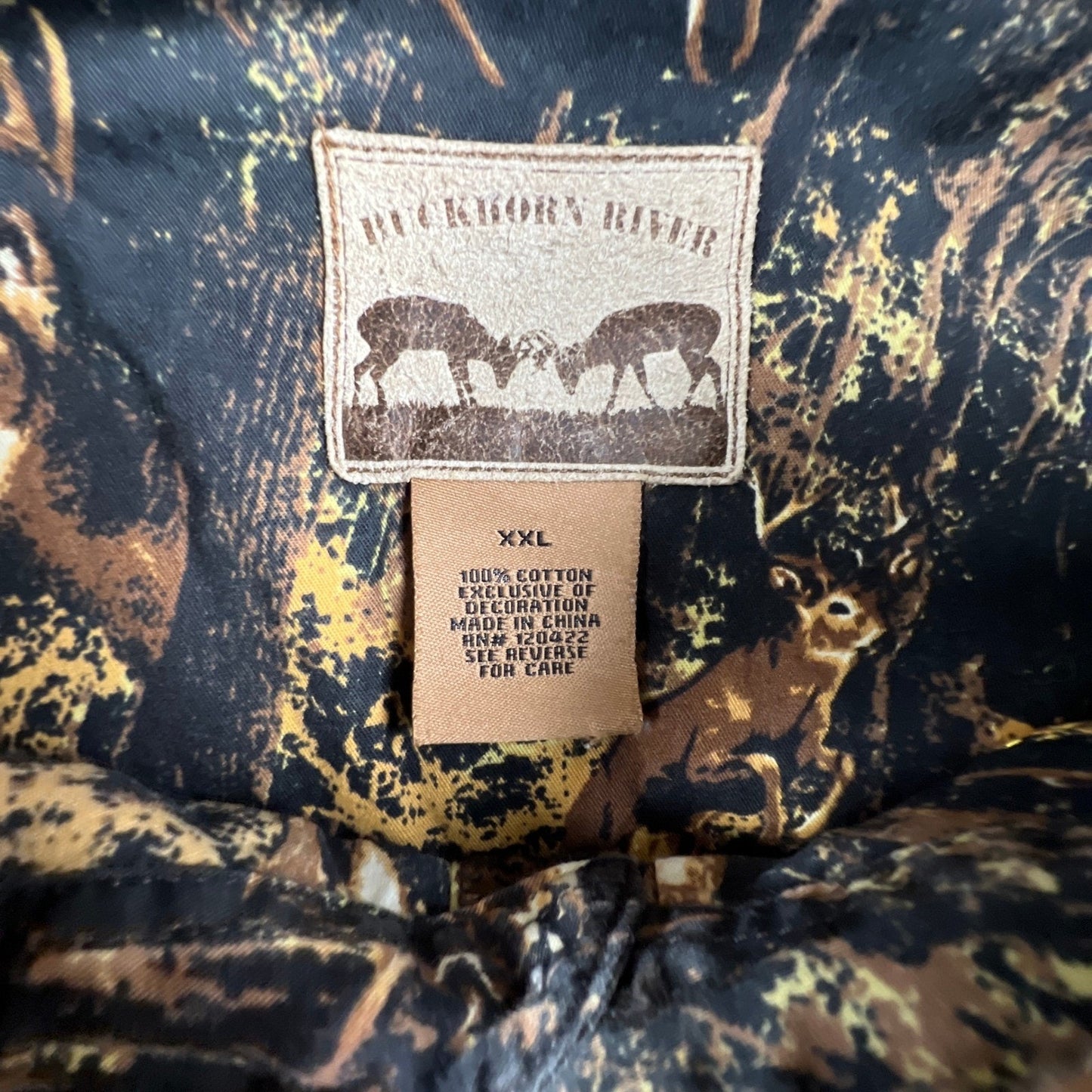 Mens XXL Deer Forest Print Cotton Button Down Shirt Hunting Brown Buckhorn River