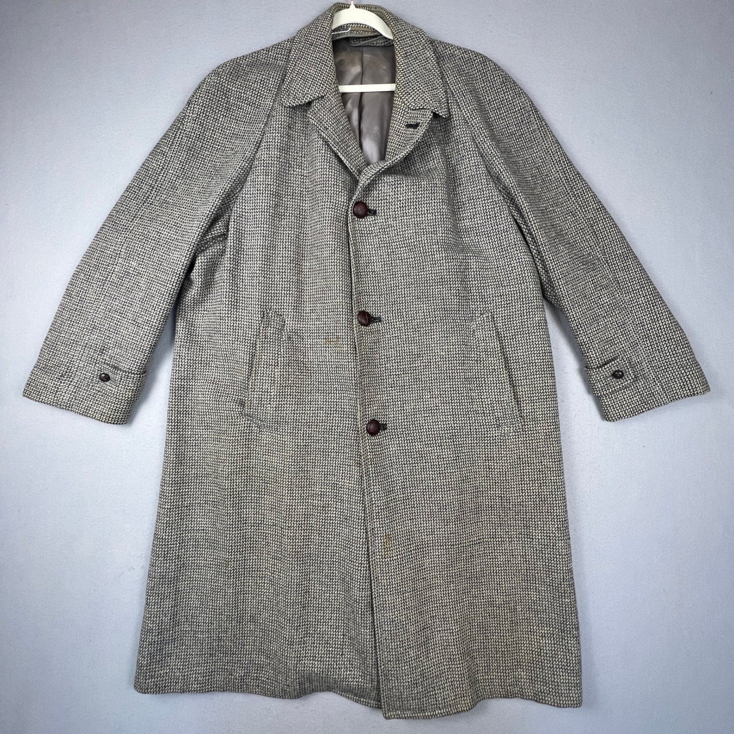 Harris Tweed Overcoat Mens XL Grey Handwoven Pure Scottish Wool Trench Coat VTG