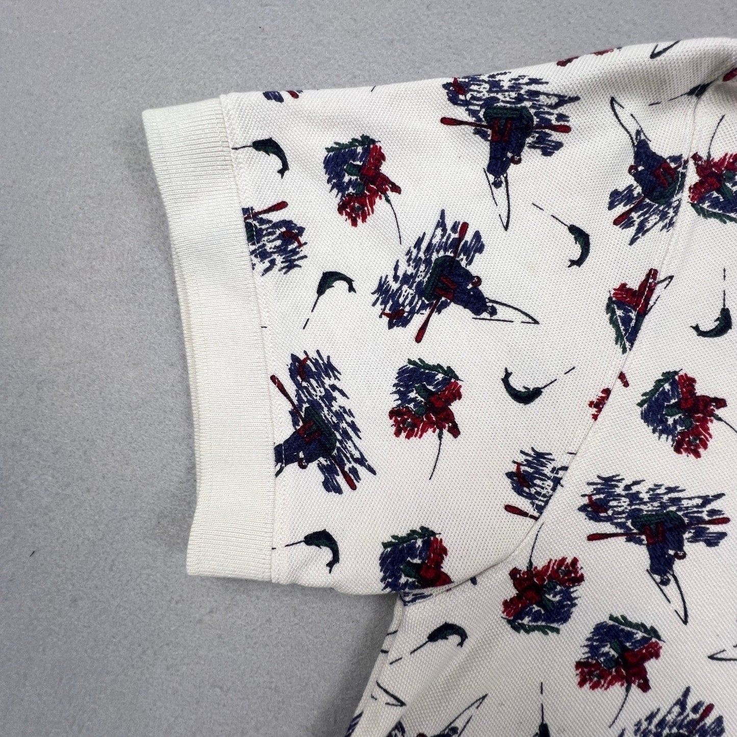 Woolrich Polo Shirt Mens Large Ivory Fishing Print Cotton Short Sleeve Outdoor