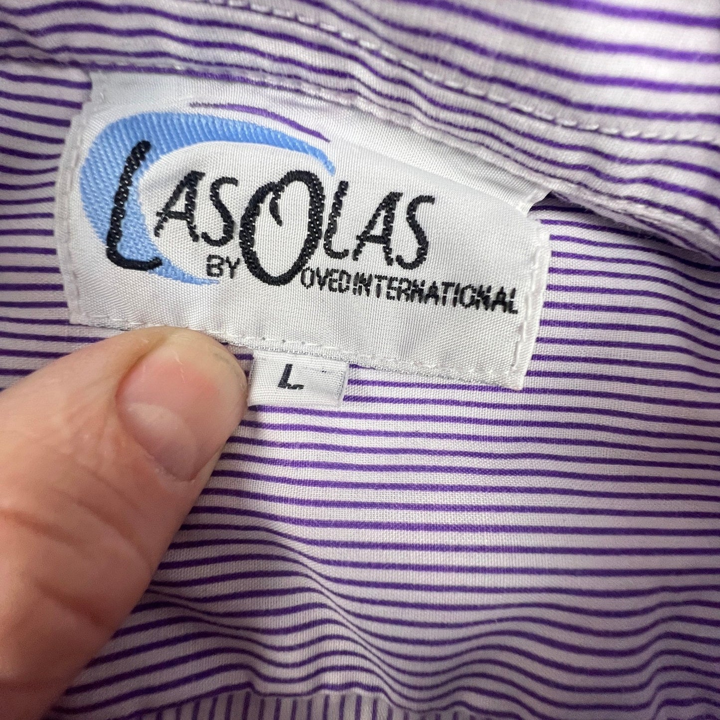 VTG Las Olas Button Down Shirt Womens L Purple Pinstripe Rhinestone Fashion Art