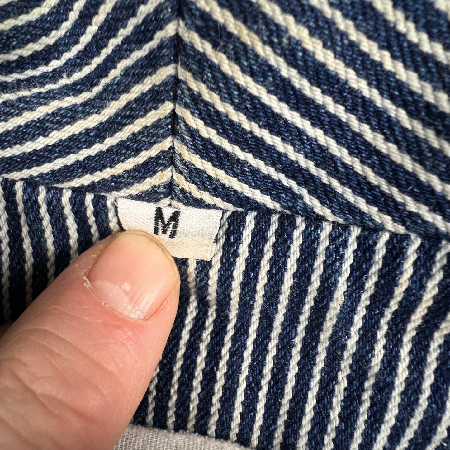 BB Dakota Hickory Stripe Denim Blazer Womens Medium Blue Fitted Peplum Jacket