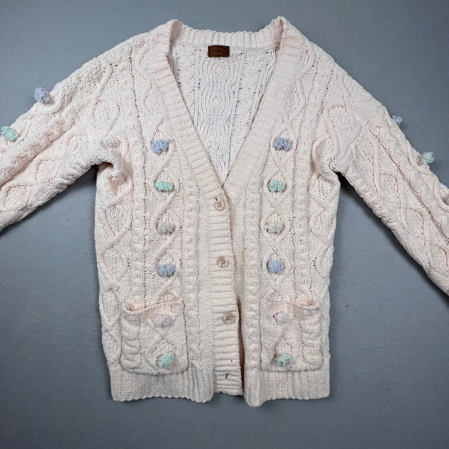 POL Cardigan Sweater Women Medium Cream Chenille Cable Knit Pom Pom Coquette