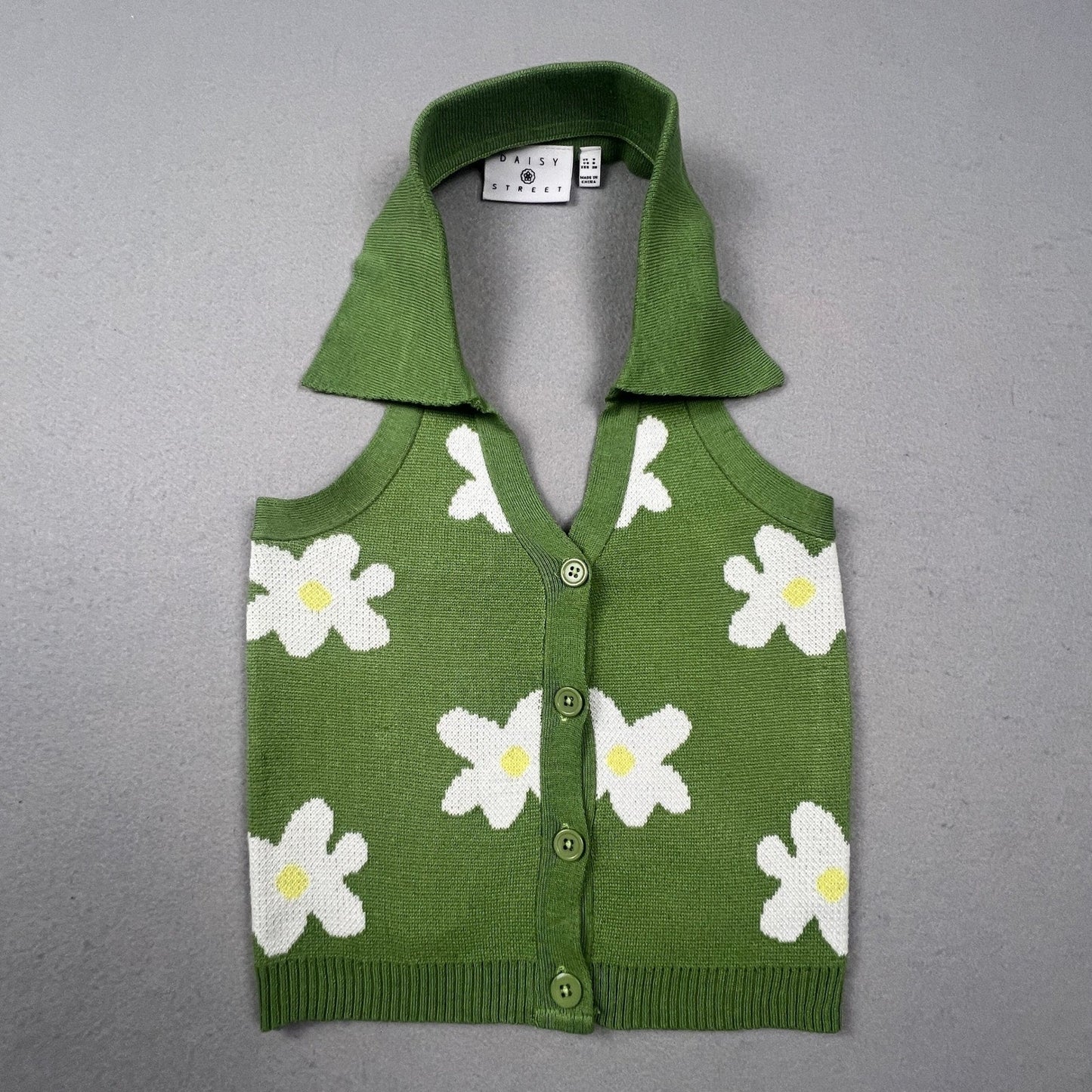 Daisy Street Halter Knit Top Womens Small Green Floral Button Front Retro Y2K