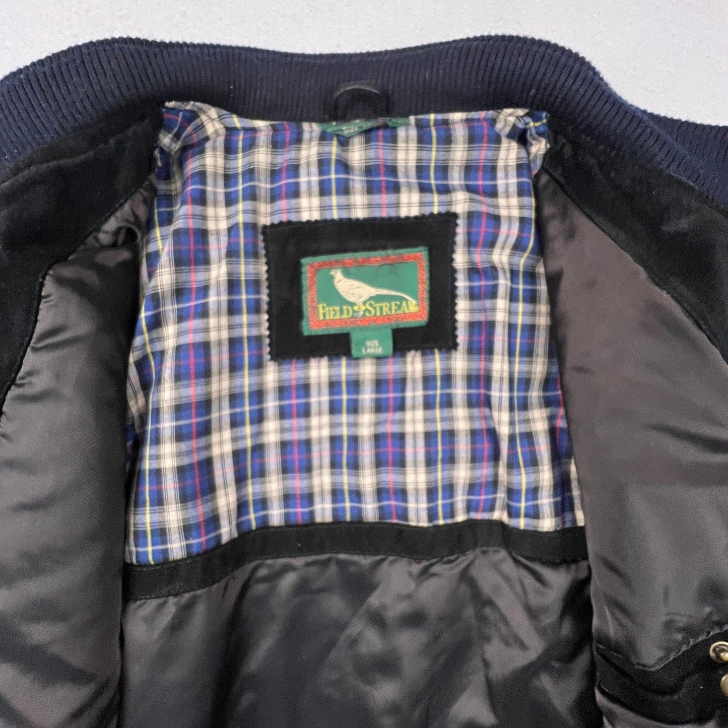 Field & Stream Leather Bomber Jacket Mens Large Black Suede Plaid Lined Outdoor