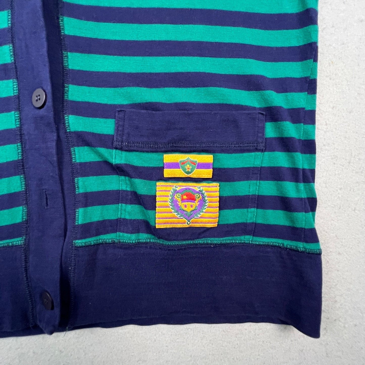 Sandra Ingrish Sport Cardigan Womens L Blue Green Striped Preppy Crest V-Neck