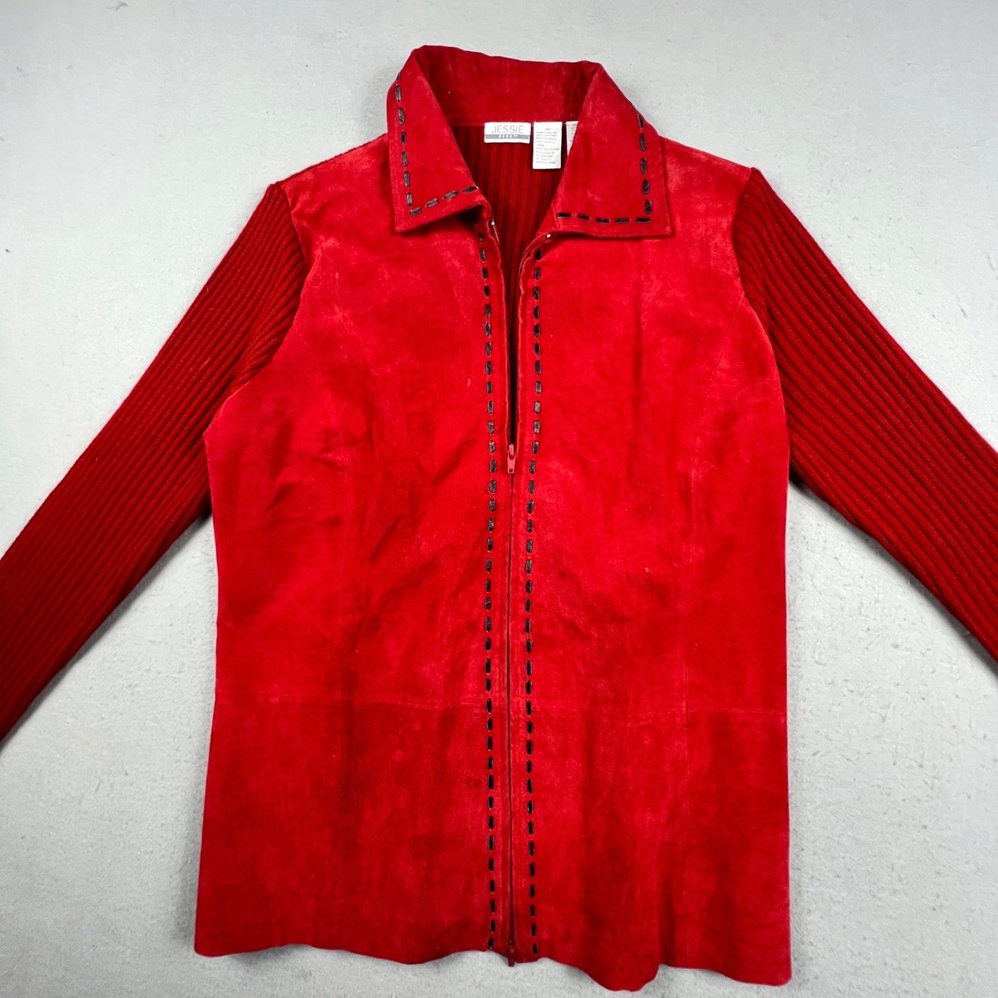 Jessie Sport Leather Jacket Women 1X Red Suede Ribbed Knit Mixed Media Zip Up