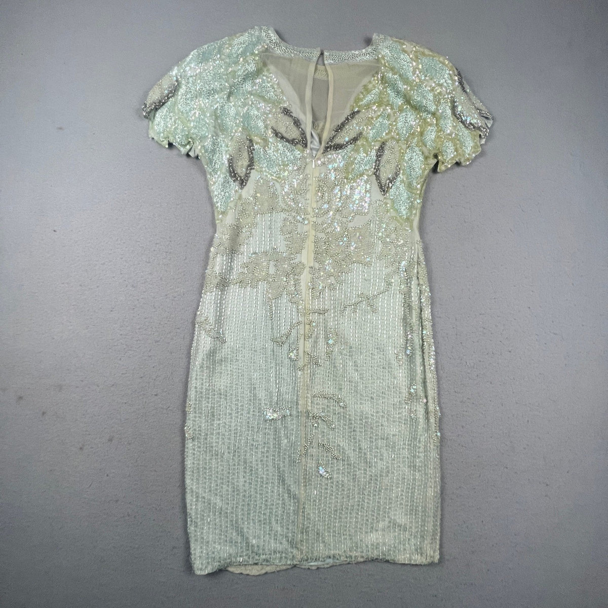 Vintage Oleg Cassini Beaded Silk Dress Women 8 Green Sequin Floral 80s Cocktail