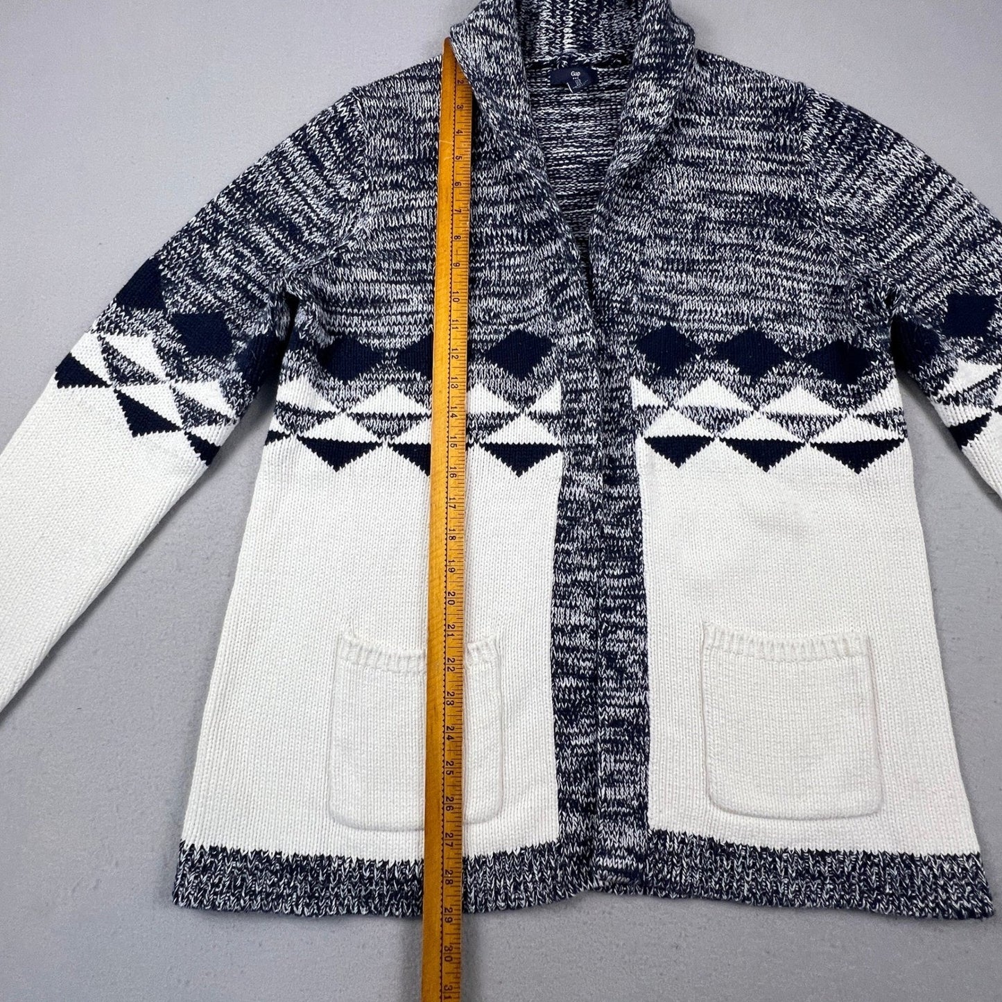 Gap Cardigan Sweater Womens Large Blue White Geometric Fair Isle Shawl Knit Cozy