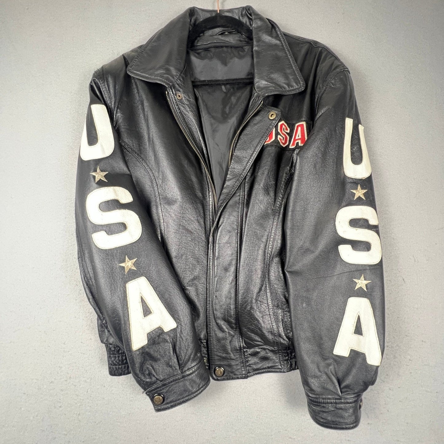 Leather Bomber Jacket Mens L Black USA Eagle Patriotic Biker Vintage Rocker