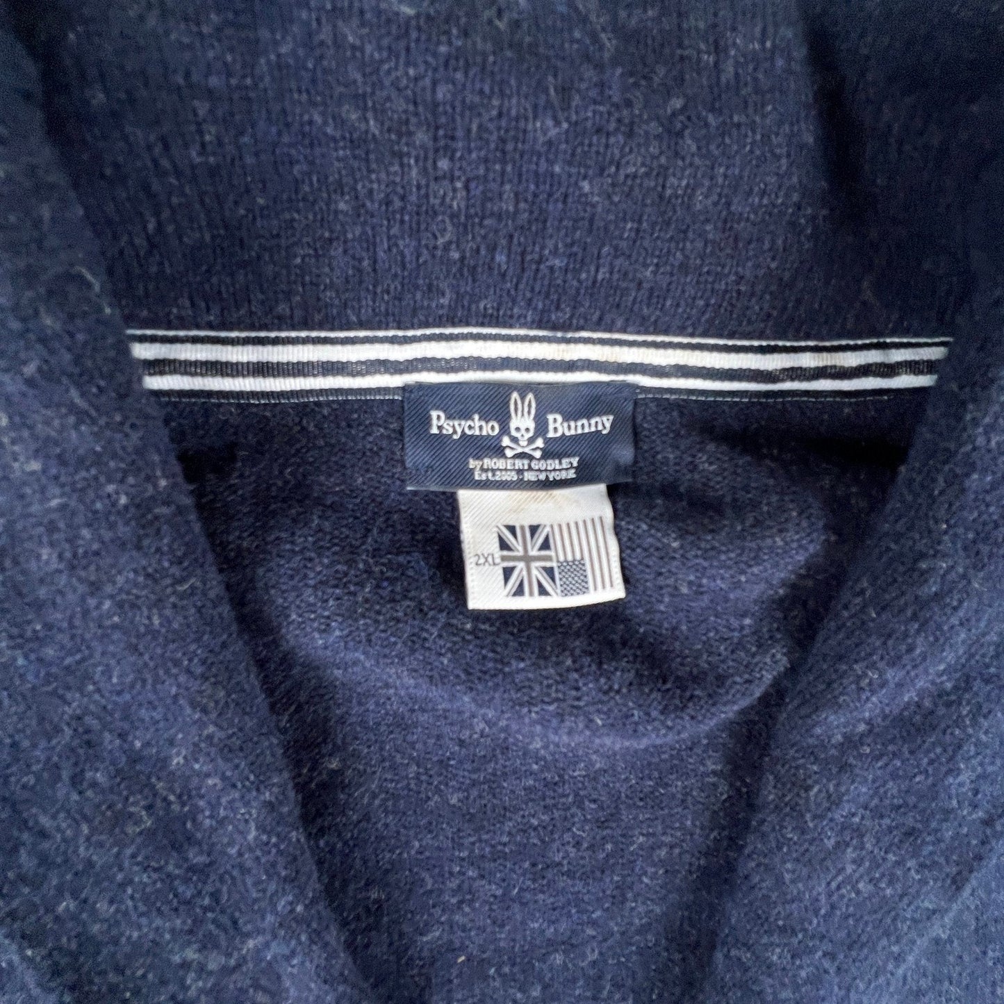 Psycho Bunny Cardigan Sweater Mens 2XL Navy Blue Wool Logo Shawl Preppy Academia