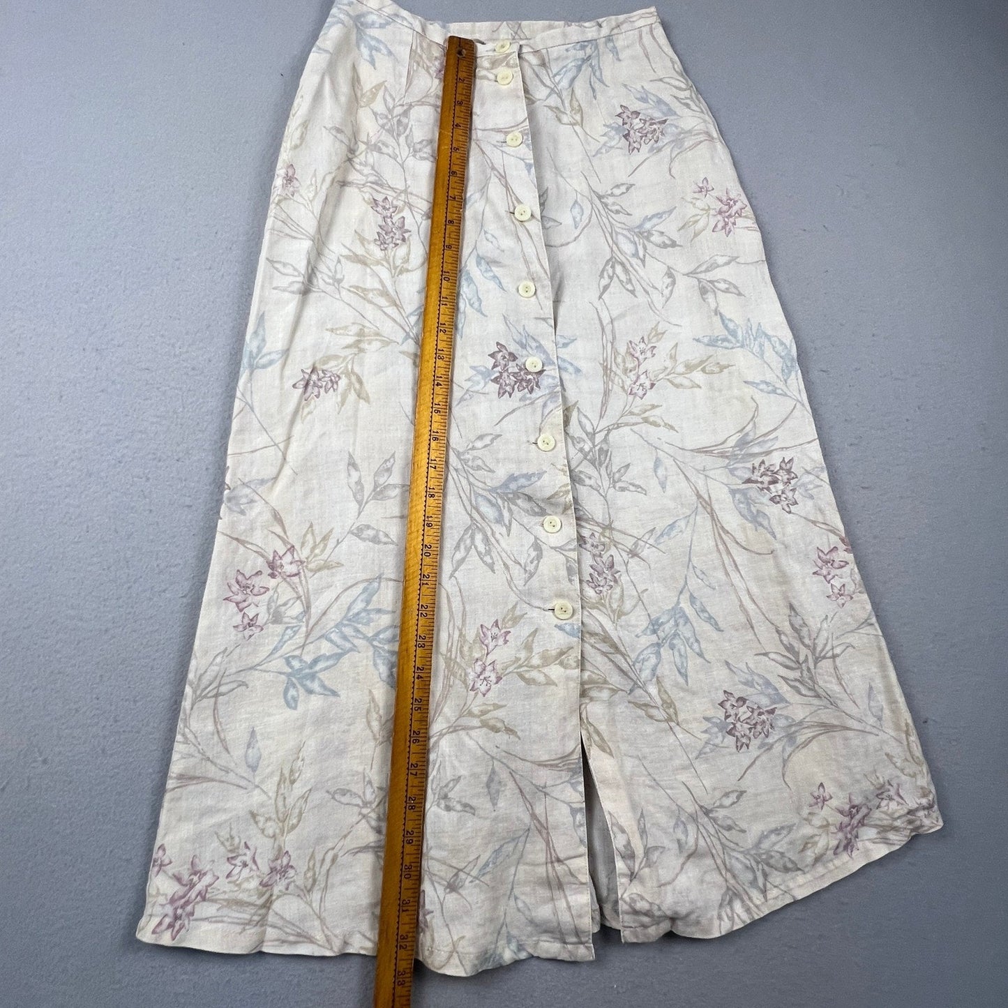 Liz Claiborne Lizsport Skirt Womens 8P Beige Floral Linen Button Front Midi Boho