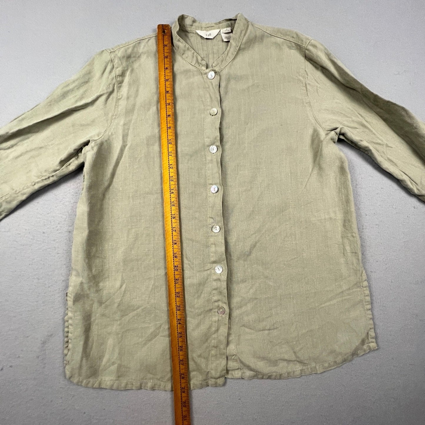 J. Jill Linen Button Down Tunic Womens MP Petite Green Pleated Back Coastal Boho
