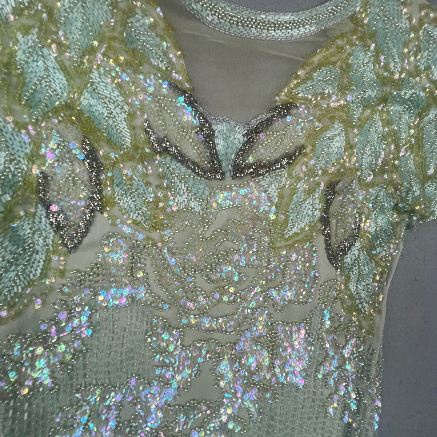 Vintage Oleg Cassini Beaded Silk Dress Women 8 Green Sequin Floral 80s Cocktail