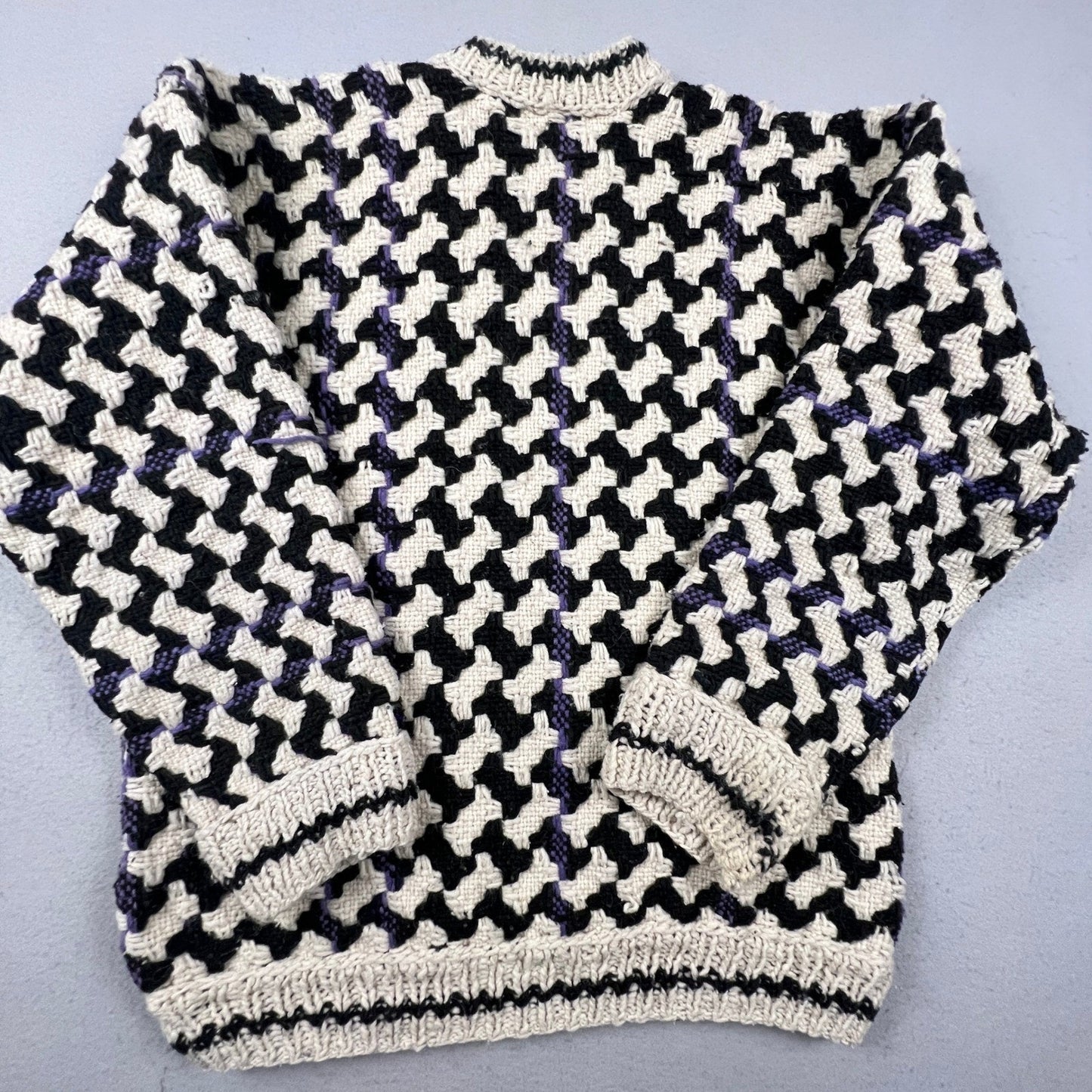 Vintage Houndstooth Hand Knit Sweater Mens XL Black White Pullover Chunky Warm