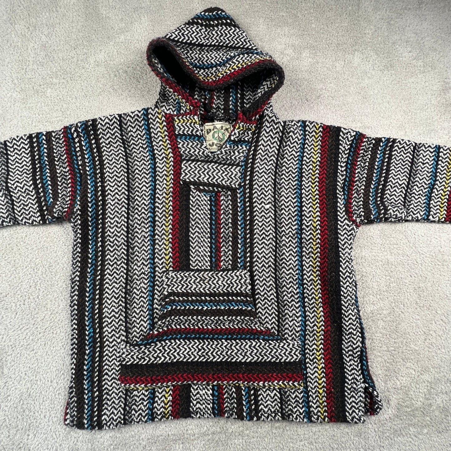 Baja Joe Hoodie Mens Small Striped Mexican Drug Rug Boho Surfer Pullover