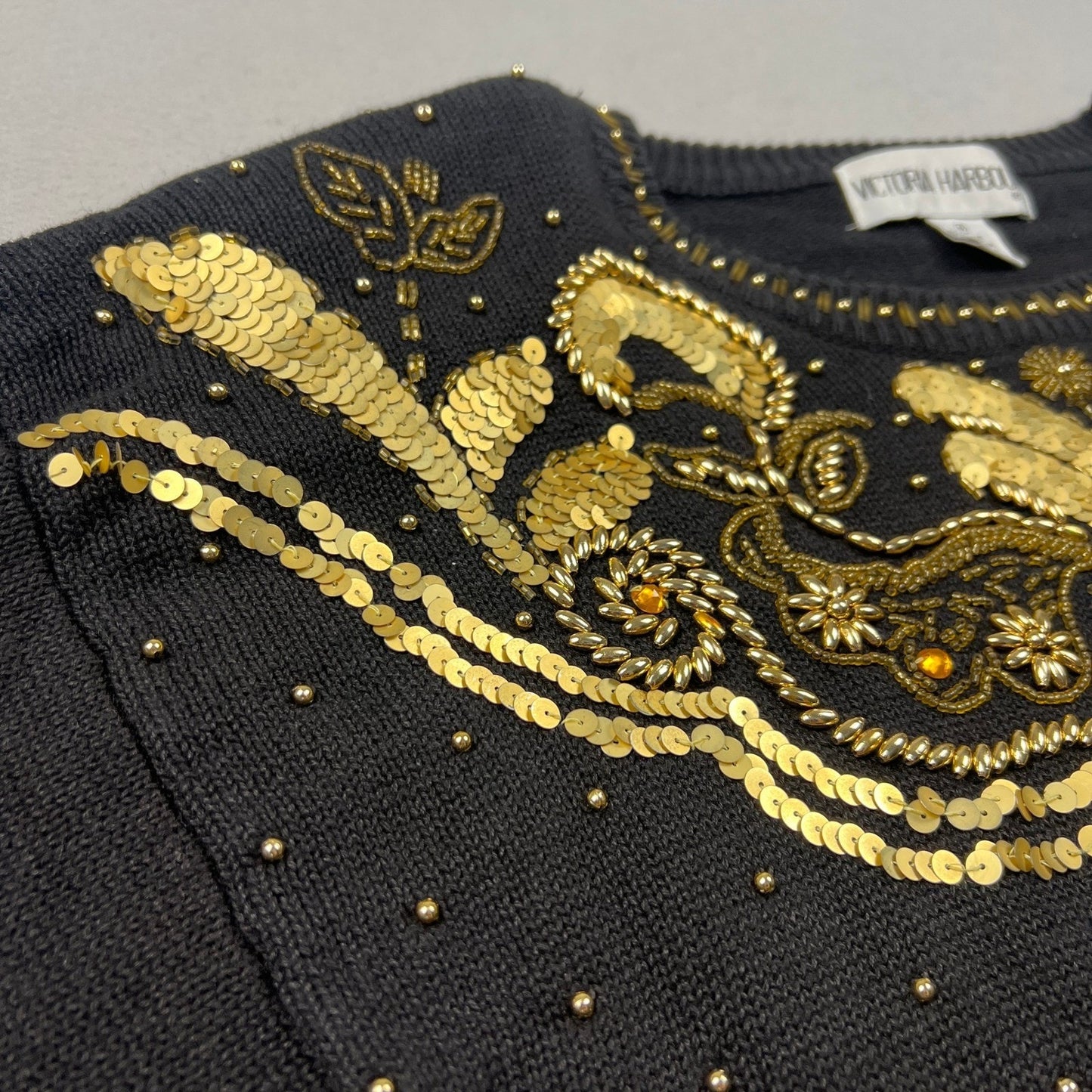 VTG 90s Victoria Harbour Sweater Women M Black Gold Sequin Beaded Party Glam