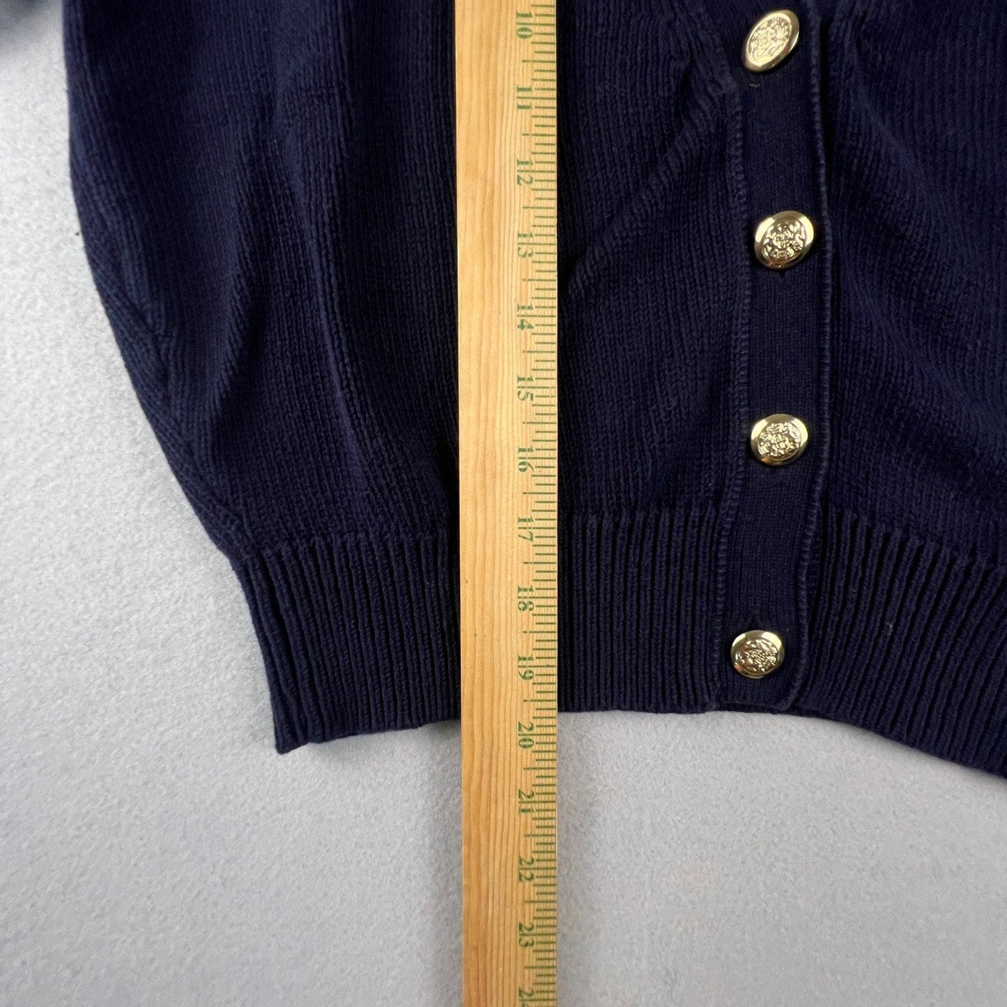 Talbots Cardigan Sweater Womens Medium Navy Blue Gold Crest Button Cotton Preppy
