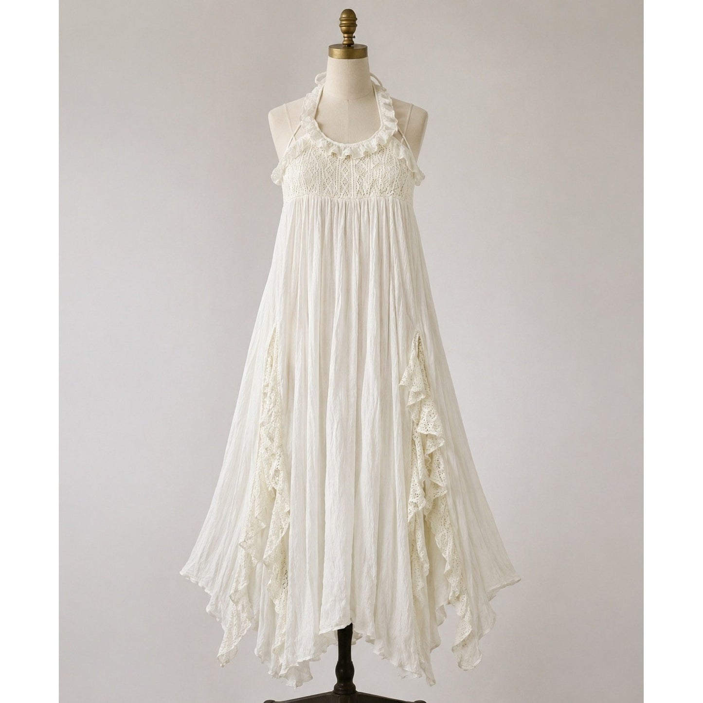 NWT Free People Maxi Dress XS Ivory White Lace Ruffle Halter Boho Summer Wedding