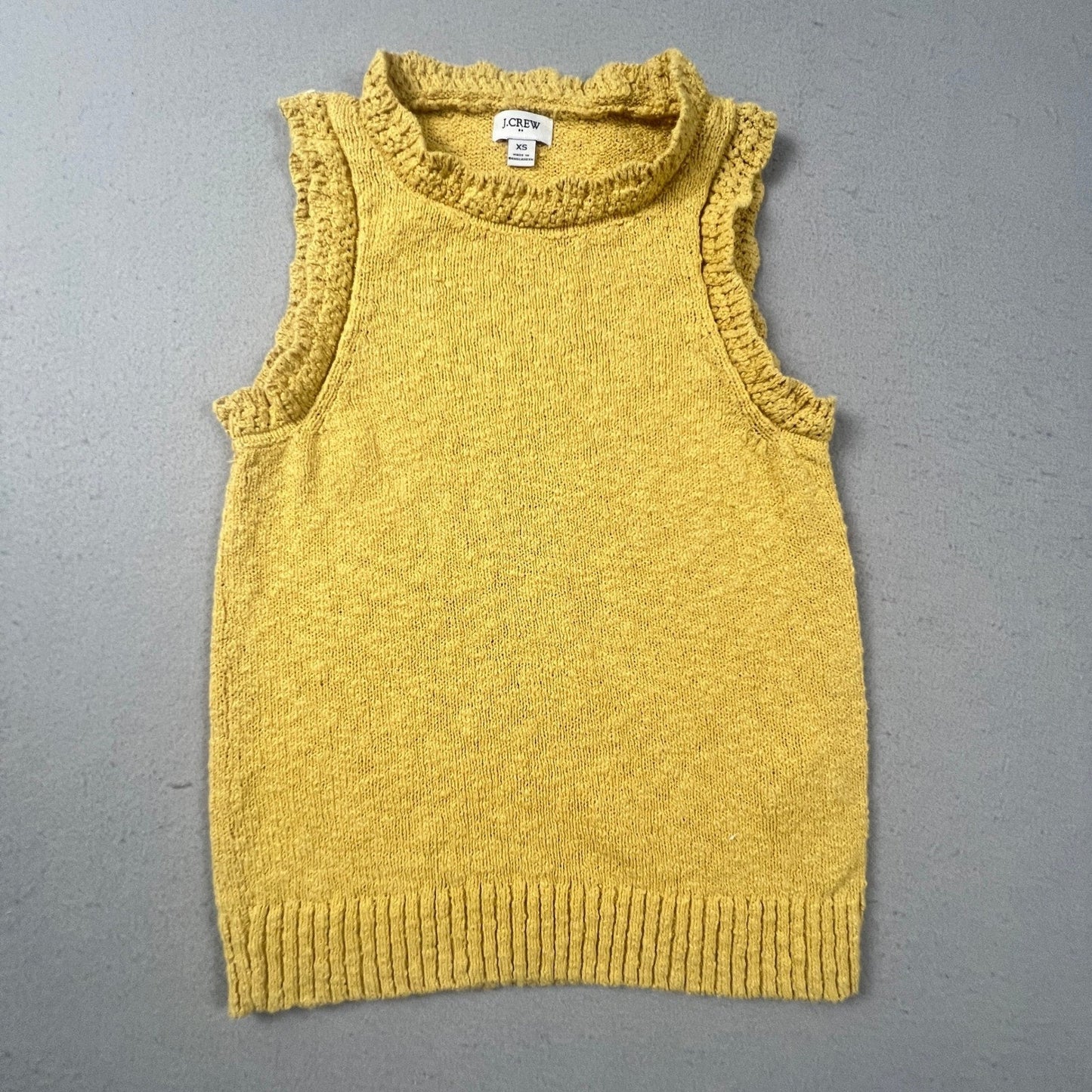 J.Crew Sweater Vest Womens XS Yellow Ruffle Trim High Neck Preppy Chic Classy