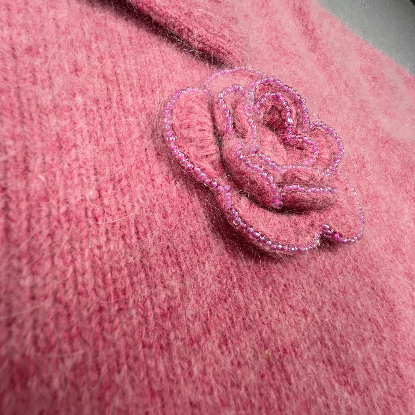 VTG Mercer & Madison Zip Sweater XL Pink Angora Wool Beaded Flower Coquette Y2K
