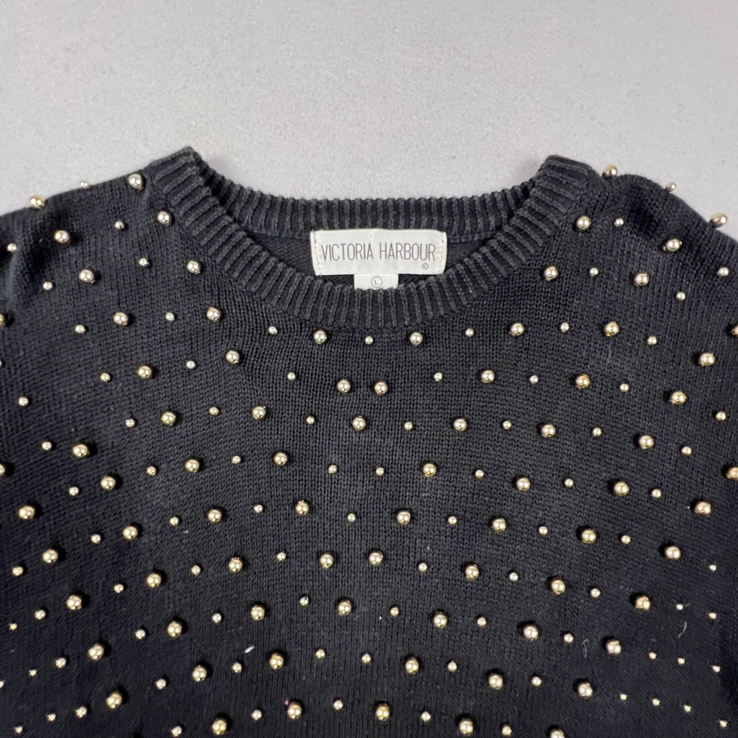 Victoria Harbour Sweater Womens L Black Gold Beaded Ramie Cotton Knit Crewneck